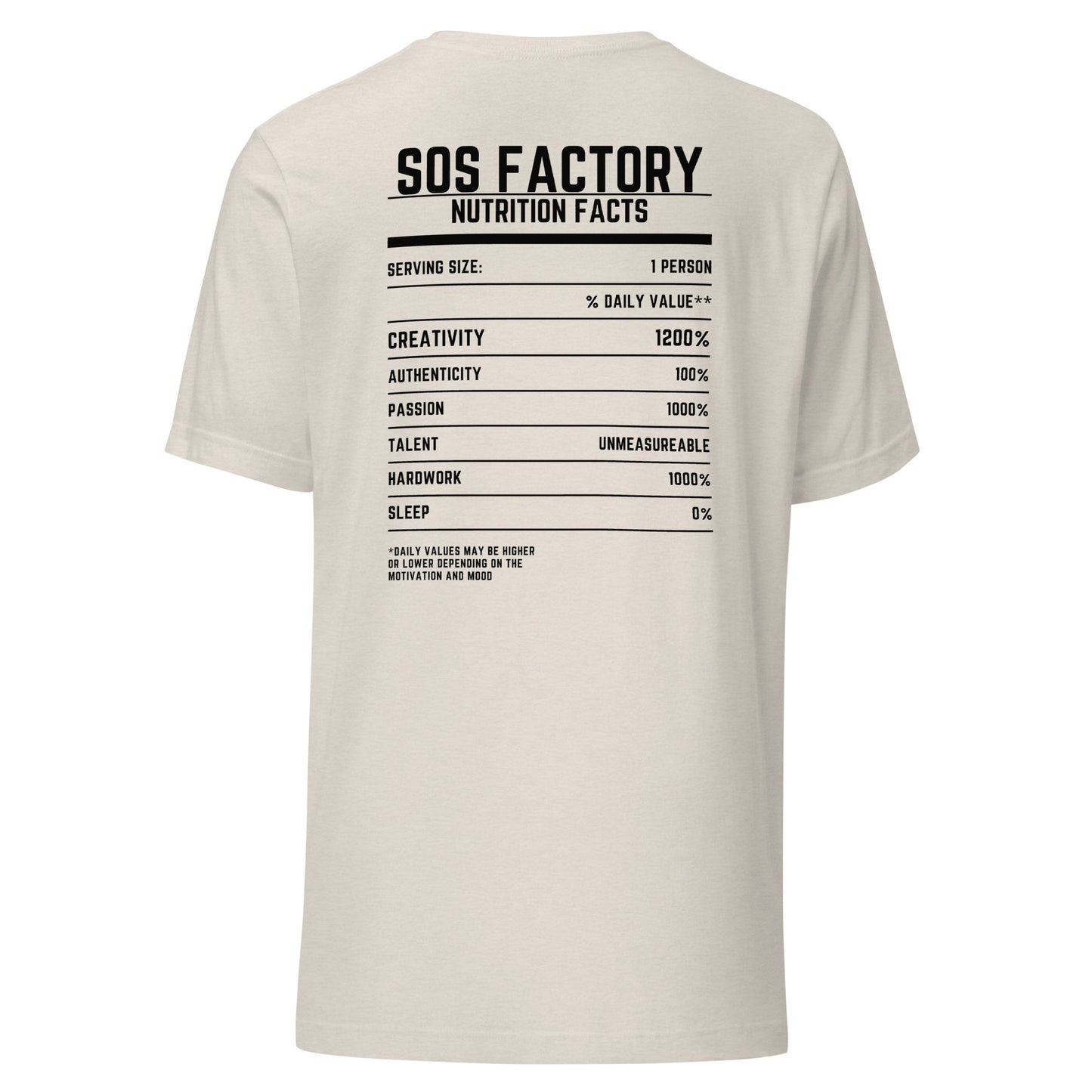 Sos Factory “S” Unisex T-shirt - Nutrition Facts