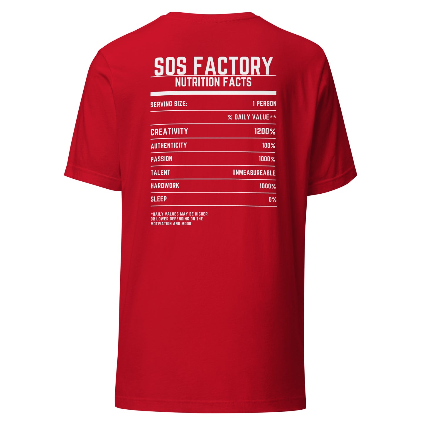 Sos Factory “S” Unisex T-shirt - Nutrition Facts