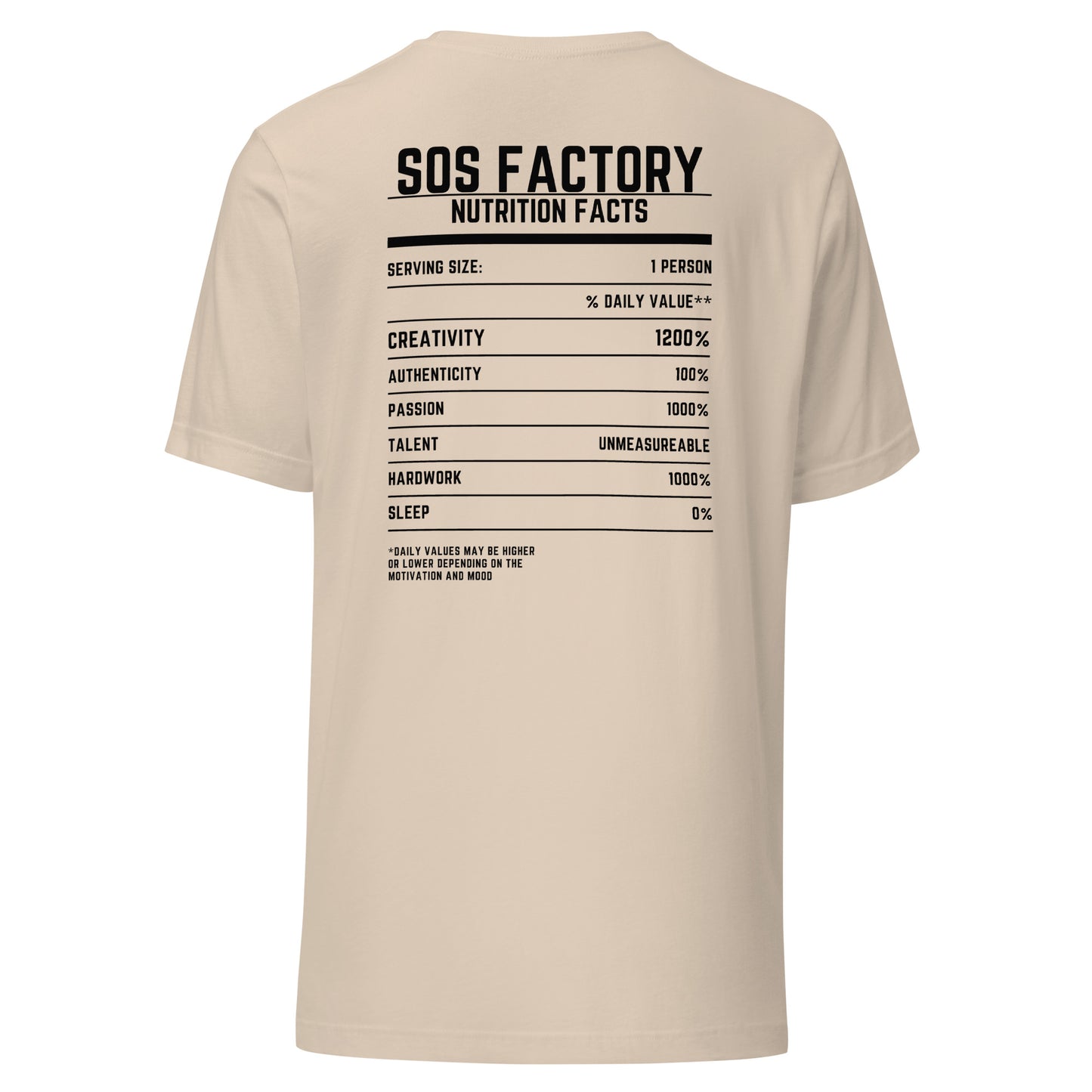 Sos Factory “S” Unisex T-shirt - Nutrition Facts