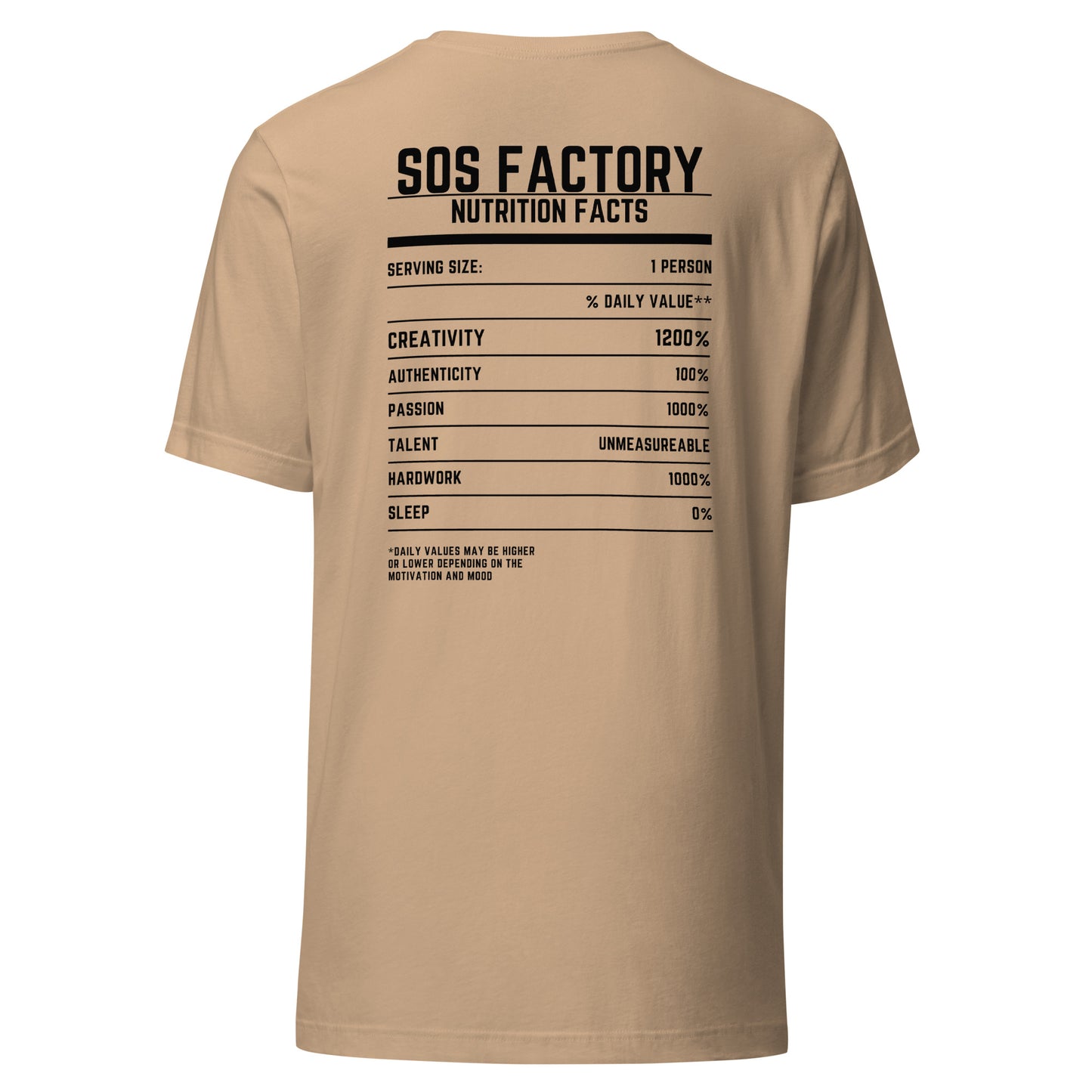 Sos Factory “S” Unisex T-shirt - Nutrition Facts