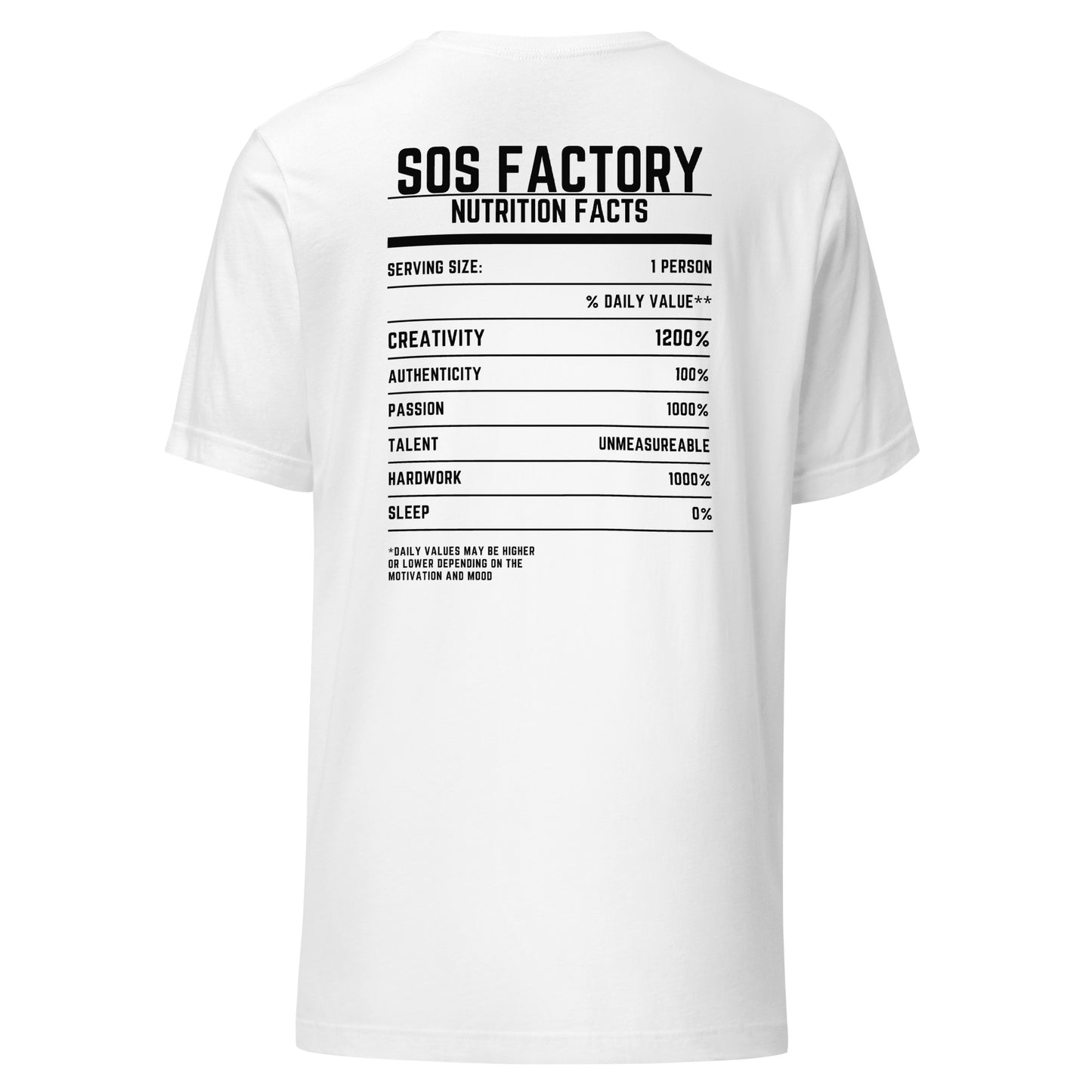 Sos Factory “S” Unisex T-shirt - Nutrition Facts